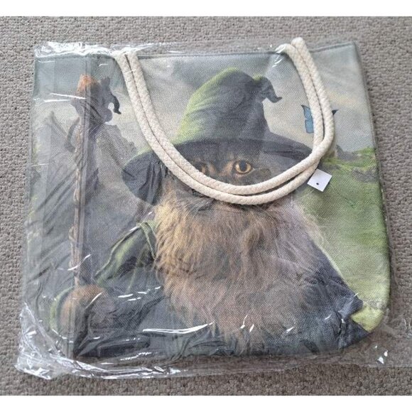New Cat Wizard Medieval Jute Bag Large Tote Shoulder Shopping Magic Kitten NIP - Picture 2 of 2